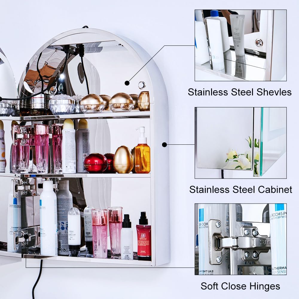 Chende Arched Medicine Cabinet Mirror, 20''x30'' Lighted Medicine Cabinet with LED Lights, Defogger and 3 Color Modes