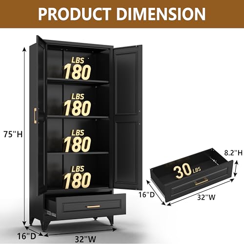 Pantry Cabinet, 71 Inch Tall Kitchen Storage Cabinet, Metal Pantry Cabinet with Doors and Adjustable Shelves, Black Food Cupboard