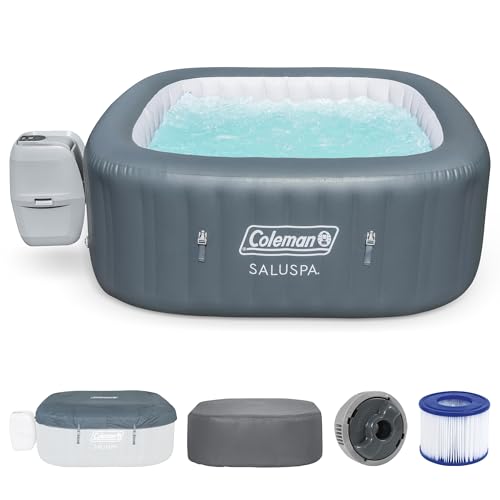 Coleman SaluSpa AirJet 4 to 6 Person Inflatable Hot Tub Square Portable Outdoor Spa with 140 Soothing AirJets and Insulated Cover, Gray