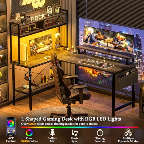 Aheaplus L Shaped Gaming Desk with Power Outlets & LED Lights, Small L- Shaped Desk Computer Corner Desk with Monitor Stand & Storage Shelf