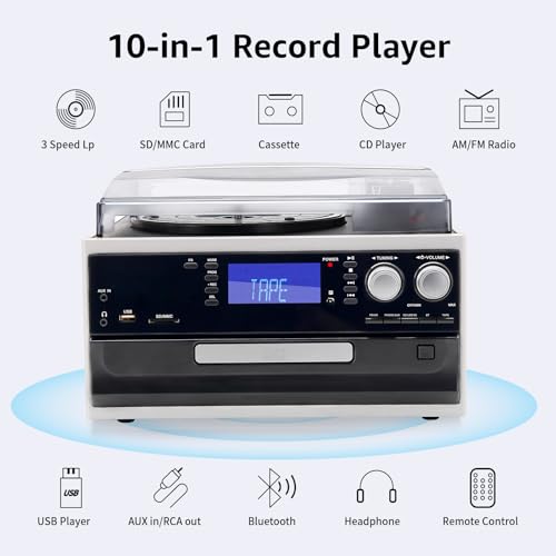 9 in 1 Record Player 3 Speeds Turntable with Seamless Bluetooth, Vinyl Phonograph with Built-in Powerful Speakers CD/Cassette, USB/SD/MMC
