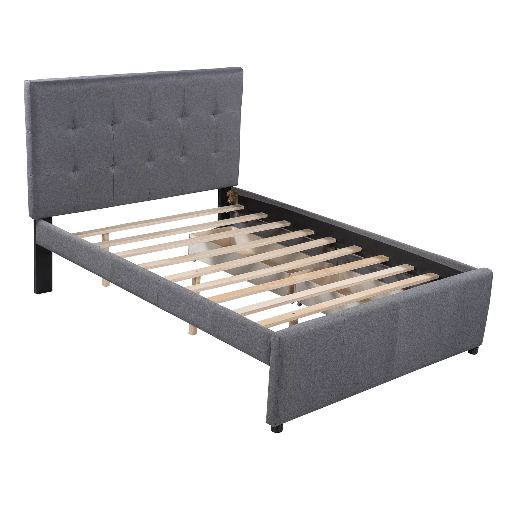 Euroco Upholstered Full Size Platform Bed with 2 Drawers for Kids Room, Solid Wood Daybed for Guests room, Gray