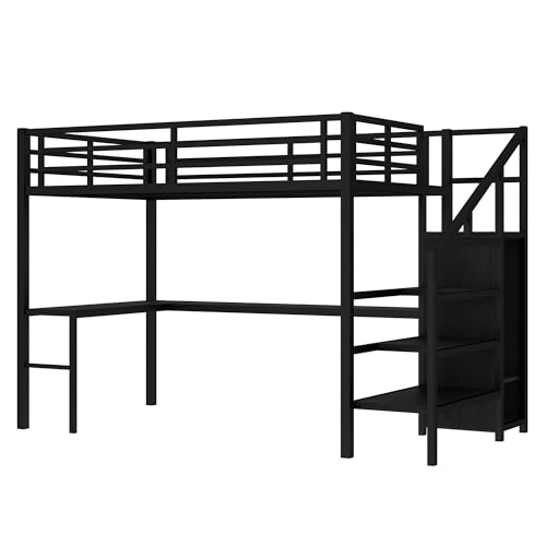 Full Loft Bed with Desk - Metal Gaming Bed with L-shaped Desk, USB, Wardrobe & Adjustable Shelf, High Loft Bed with Safety Guardrails & Stairs