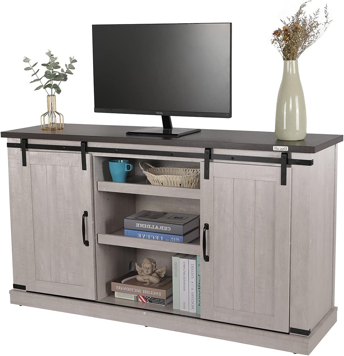 Farmhouse TV Stand for 55 inch Modern Wood TV Stand Console Double Sliding Barn Door Storage Cabinet with Shelves Entertainment Center for Living Room