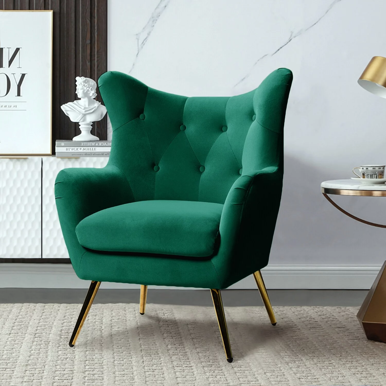 HULALA HOME Eusebio Tufted Velvet Accent Chair with Wingback, Arms, and Metal Gold Legs for Living Room or Bedroom by  GREEN