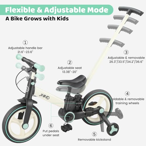 JMMD Toddler Bike with Push Handle for Kids 18-60 Months, 6 in 1 Foldable Push Bike with Training Wheels, Pedals, Brakes, Kickstand