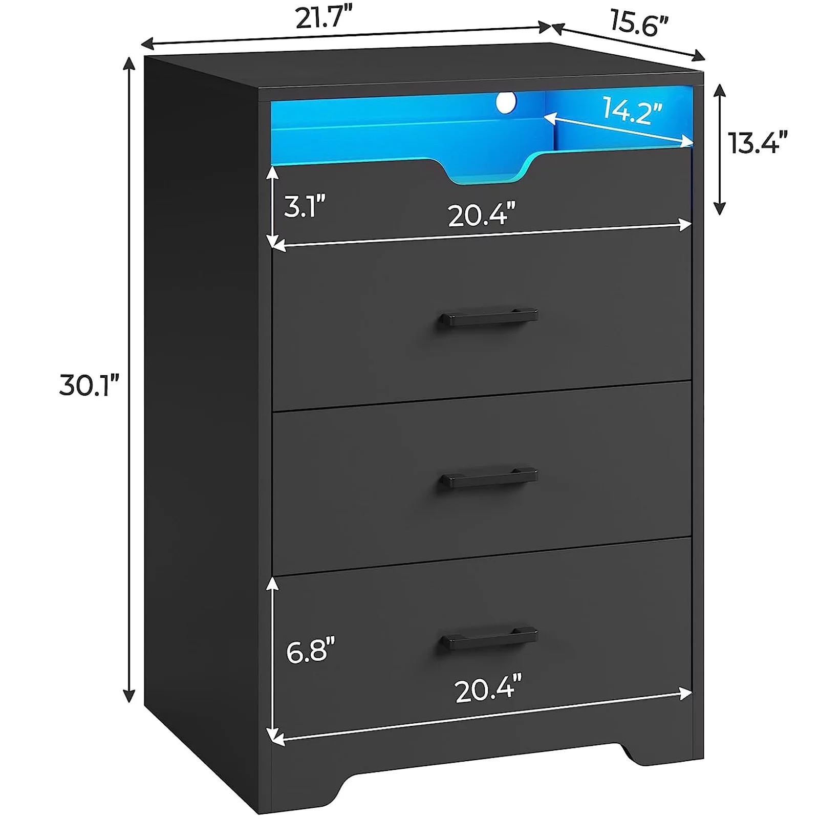 3 Drawers Dresser with LED Lights for Bedroom, Tall Storage Dresser with Pull-Out Tray,Chest of Drawers Organizer for Small Space,Black