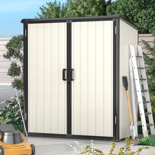 Aoxun Outdoor Storage Shed 5 x 3FT, Resin Shed with Floor and Lockable Door, Plastic Sheds for Garbage Can, Tool, Accessories, Lawn, Garden - Grey