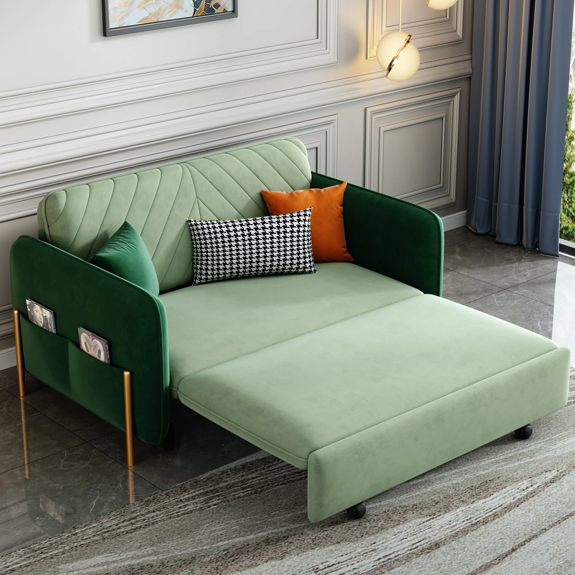 53.5" Full Sleeper Sofa Green Upholstered Convertible Sofa Bed 3 in 1 Sleeper Sofa Couch Bed