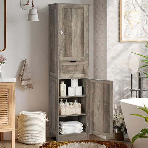 Iwell 67" Tall Bathroom Cabinet, Storage Cabinet with 2 Doors & 1 Drawer, Bathroom Storage Cabinets with Adjustable Shelves, for Living Room