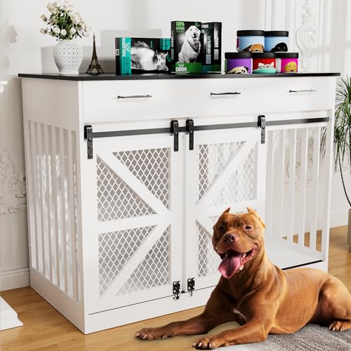 48'' Dog Crate Furniture with Removable Divider & Storage Drawers, Wooden Double Dog Cage TV Stand with 2 Sliding Barn Doors