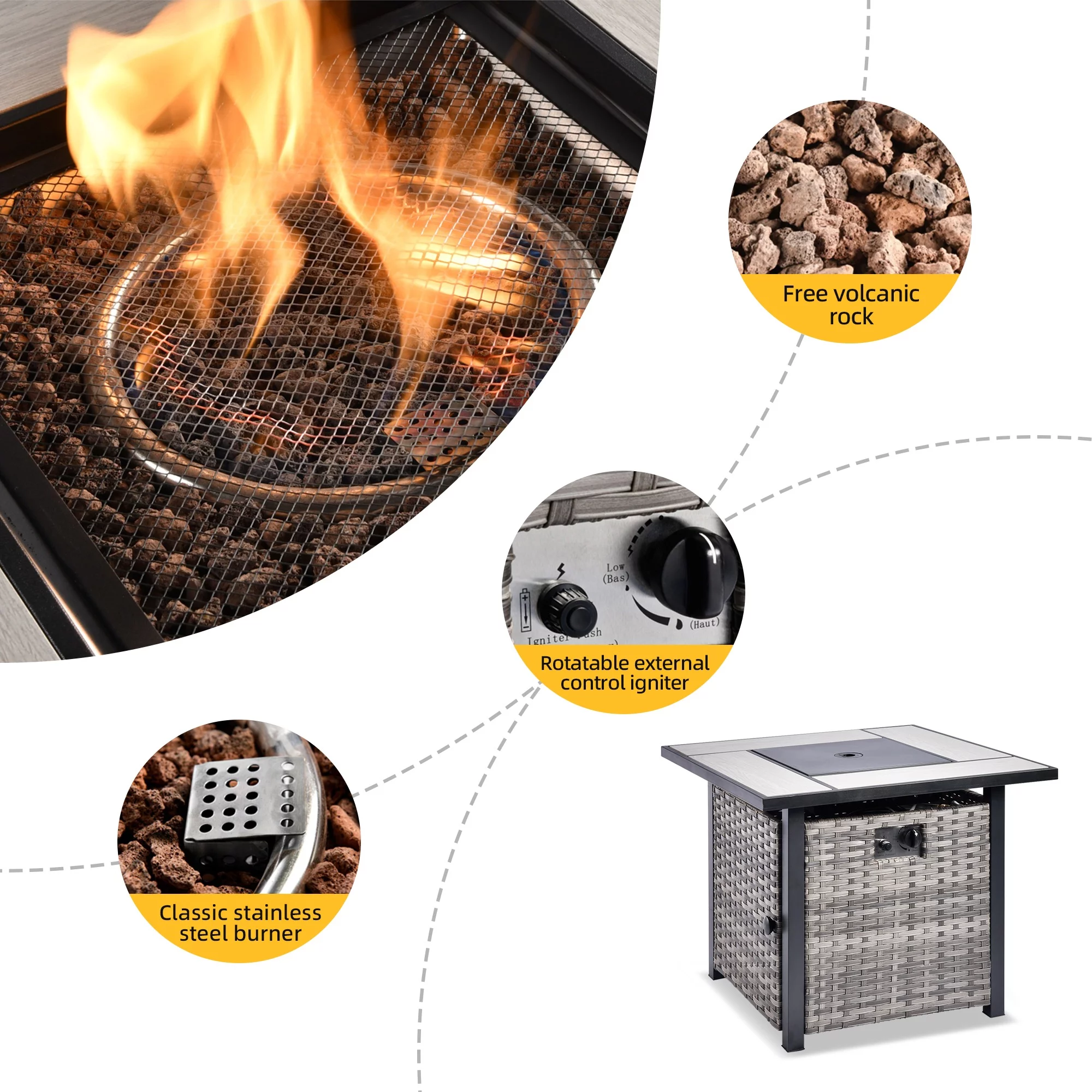 Ovios 6 Pieces Fire Pit Table Set Outdoor Patio Furniture with 30" Gas Fire Pit Table Gray Conversation Set with Swivel Rocking Chair