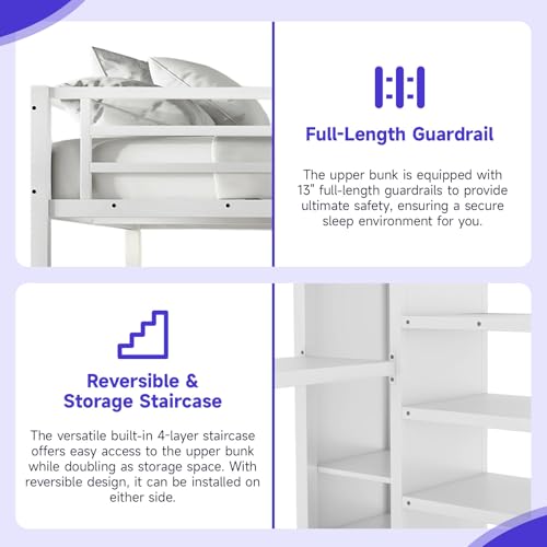 Full Size Metal Loft Bed Heavy-Duty Loft Bed Frame, LED Loft Bed Frame with L Shaped Desk, Wardrobe, Storage Stairs