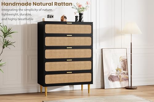 Rattan 5 Drawer Dressers for Bedroom, Tall Dresser with Deep Drawers, Large Chest of Drawers for Closet with Wide Top