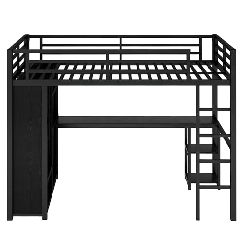 Queen Heavy Duty Metal Loft Bed with L-Shaped Desk, Wardrobe & 5 Storage Shelves – Space-Saving Design for Kids, Teens, Adults – CPC Certified