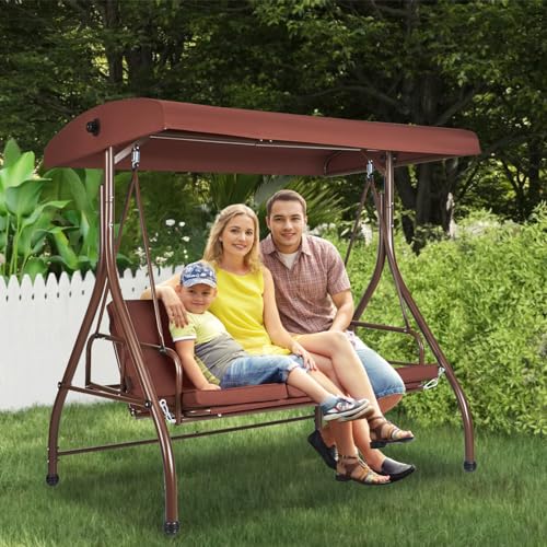 VEVOR 3-Seat Patio Swing Chair, Converting Canopy Swing, Outdoor Patio Porch with Adjustable Canopy, Removable Thick Cushion and Alloy Steel Frame
