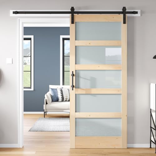 42x84 inch Glass Sliding Barn Door Slab with 7ft Hardware Kit Included, 5-Panel Frosted Glass, Spruce Wood Support DIY Dyeing, Easy Assembly