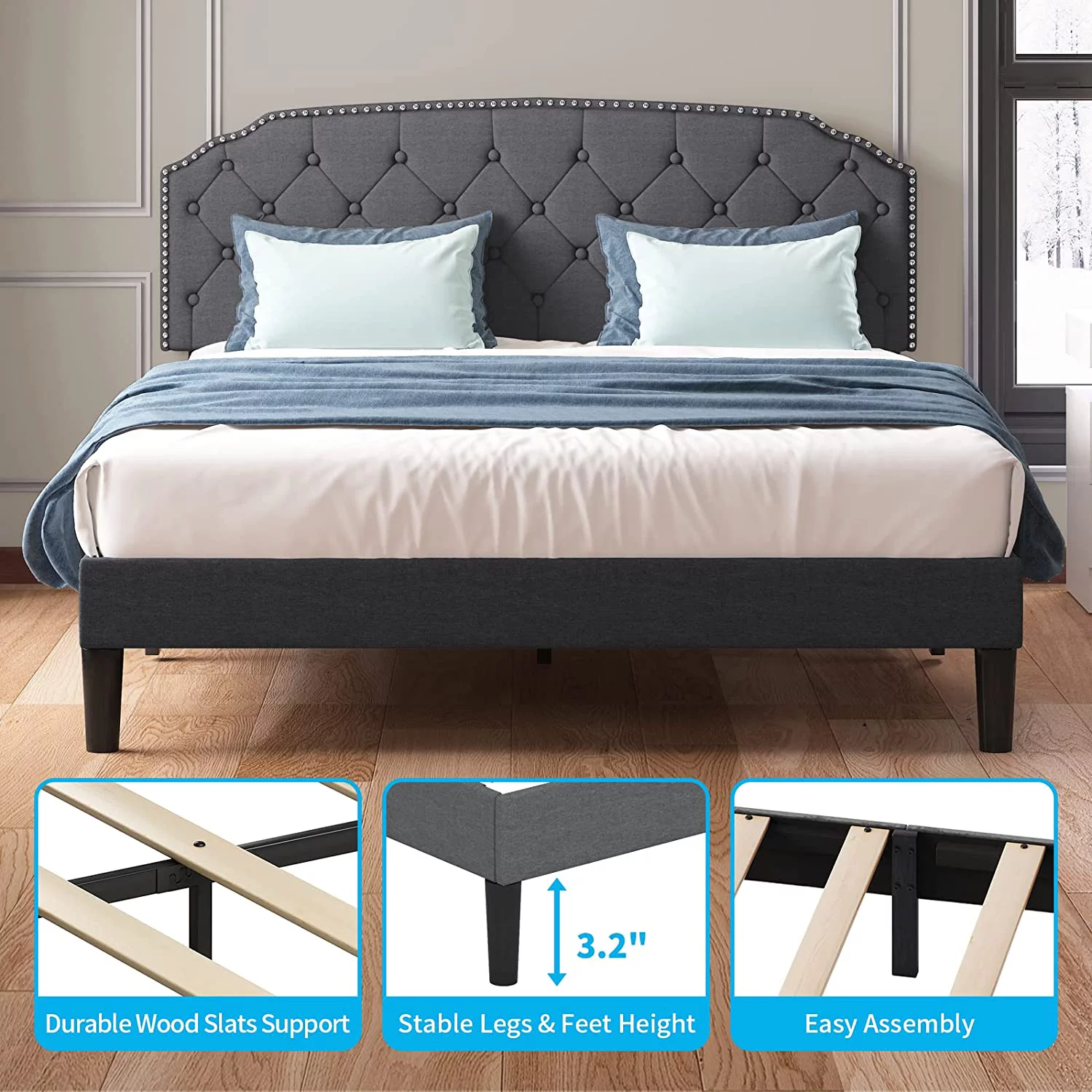 Mjkone Queen Size Platform Bed Frame with Diamond Button Tufted Upholstered Headboard,Stylish Modern Soft Bed Frame with Sturdy Wood Slat Support