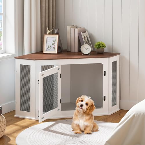 Corner Dog Crate Furniture, Wooden Dog Kennel End Table, Decorative Pet Crate Indoor Use, Furniture Style Dog House for Small Medium Dog