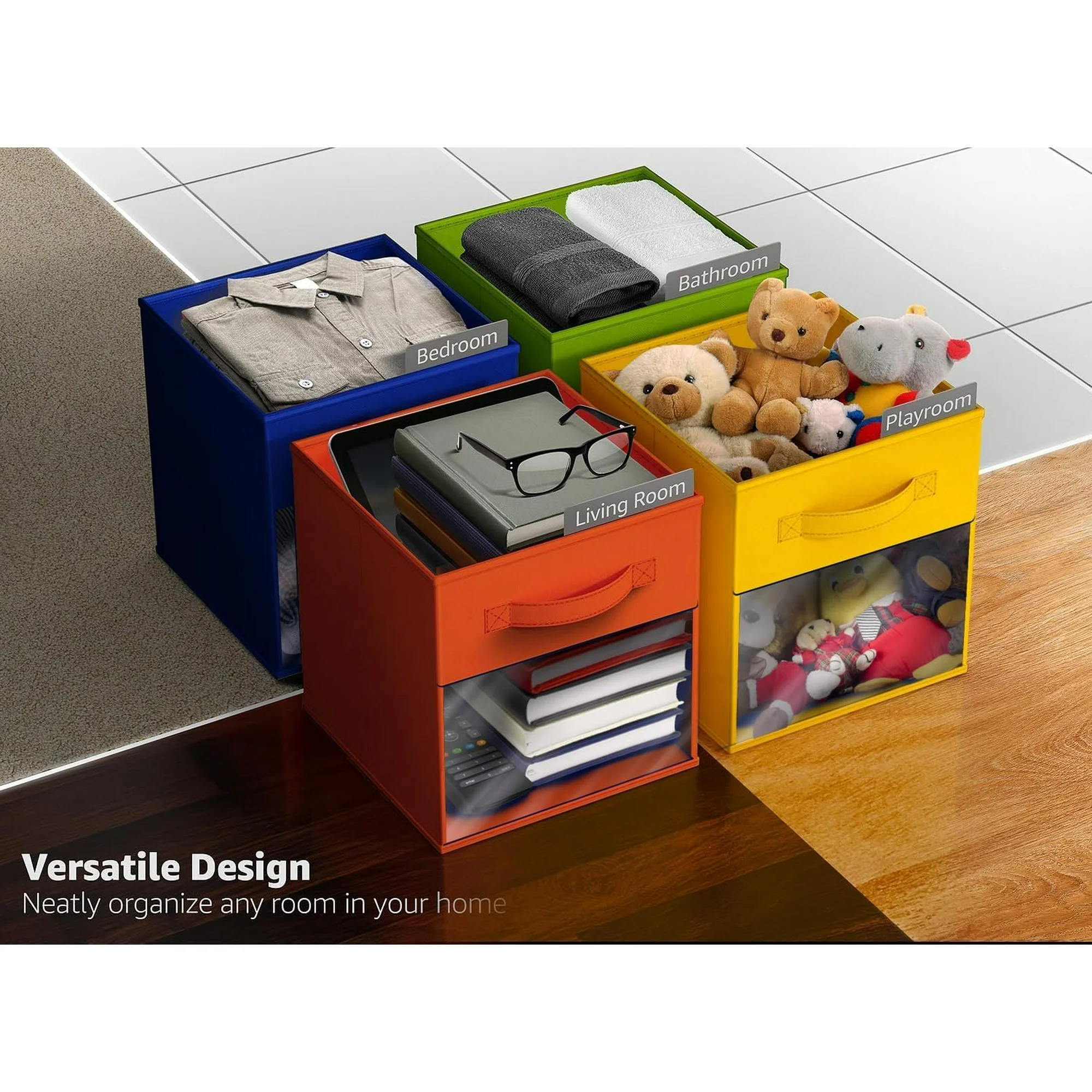 13 Inch Foldable Storage Bins with  Window - 6 Fabric Baskets for Organizing Clothes, Toys, Books