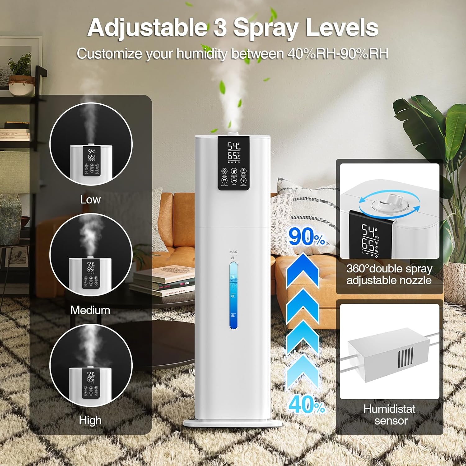 Smart Humidifiers Large Room Bedroom Home, 8L Top Fill Cold Mist Humidifiers with 3 Adjustable Mist Levels, Smart App & Remote Control, 48H Runtime