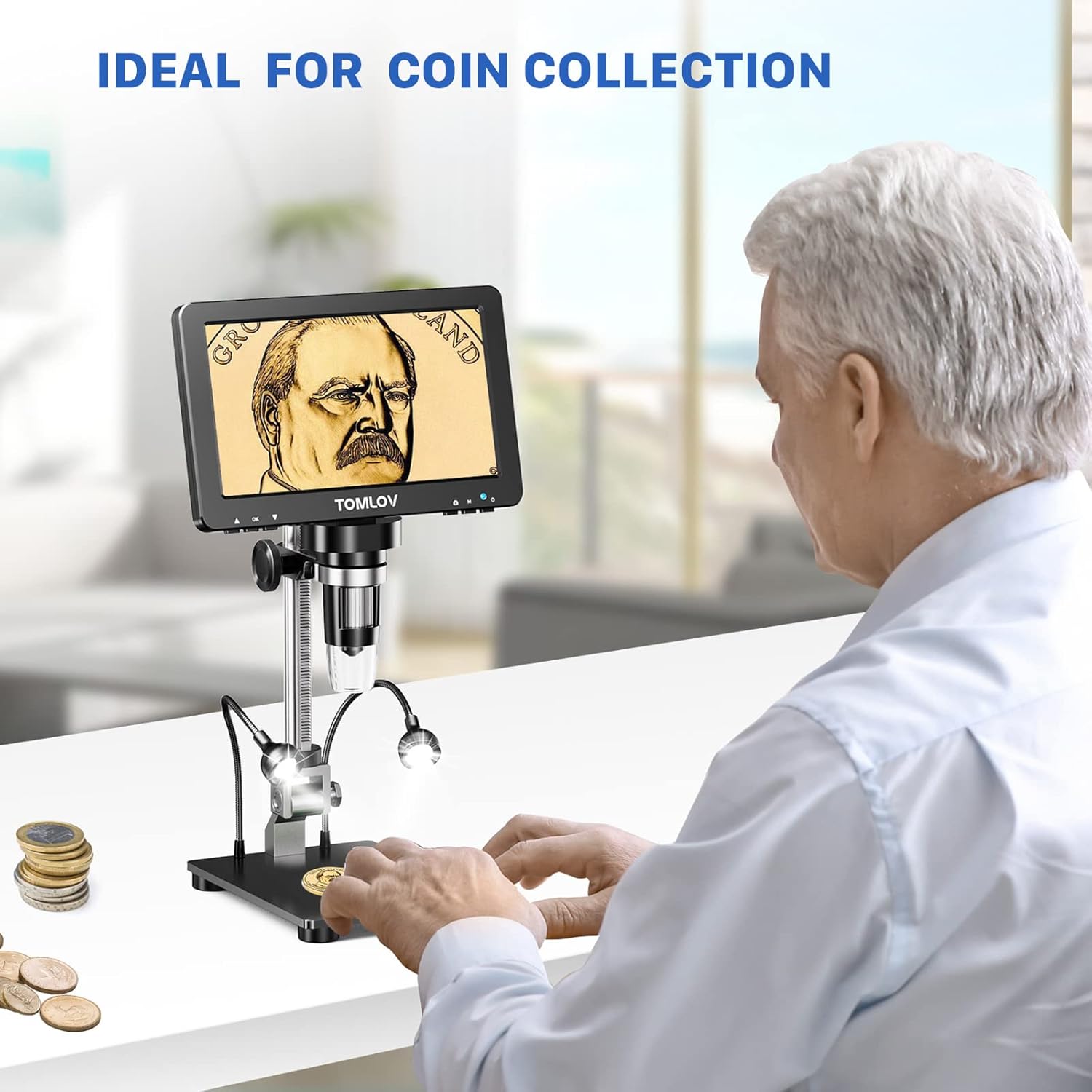 TOMLOV DM9 Pro 7" HDMI Digital Microscope 1200X with IPS Screen, 1080P 16MP Coin Microscope Magnifier for Entire Coin View