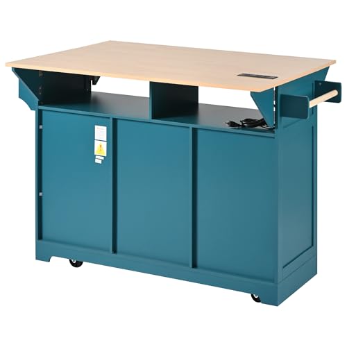 Kitchen Island with 2 Drop Leaf, Home Cart Island on Wheels Foldable Dining Table with Power Outlets,3 Drawers,Storage Cabinet, Tower Rack(Black)
