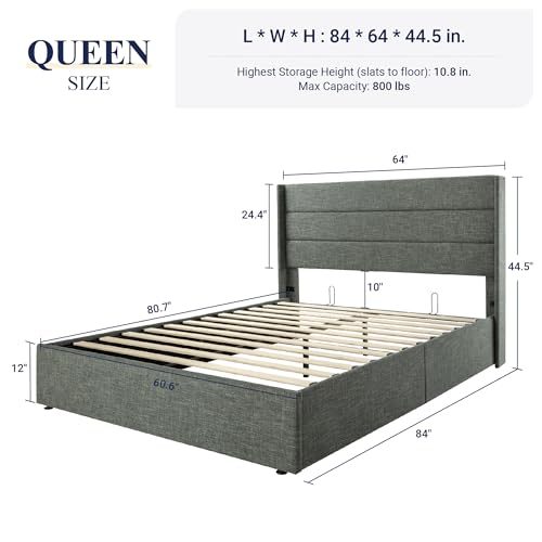 Allewie Full Size Lift Up Storage Bed, Modern Wingback Headboard, Hydraulic Support, No Box Spring Needed, Light Beige