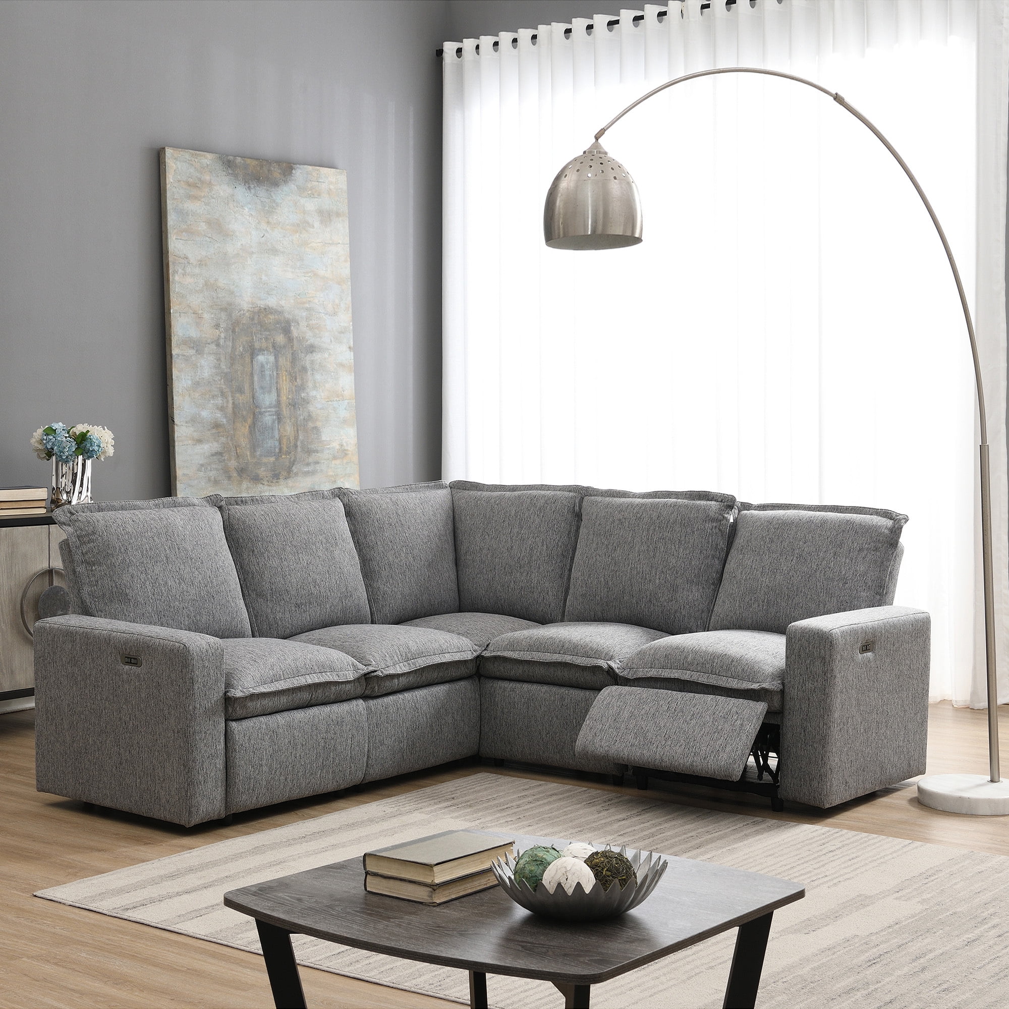 Euroco Power Recliner Sofa Set 5 Seat Sectional Sofa for Living Room with USB Port, Gray