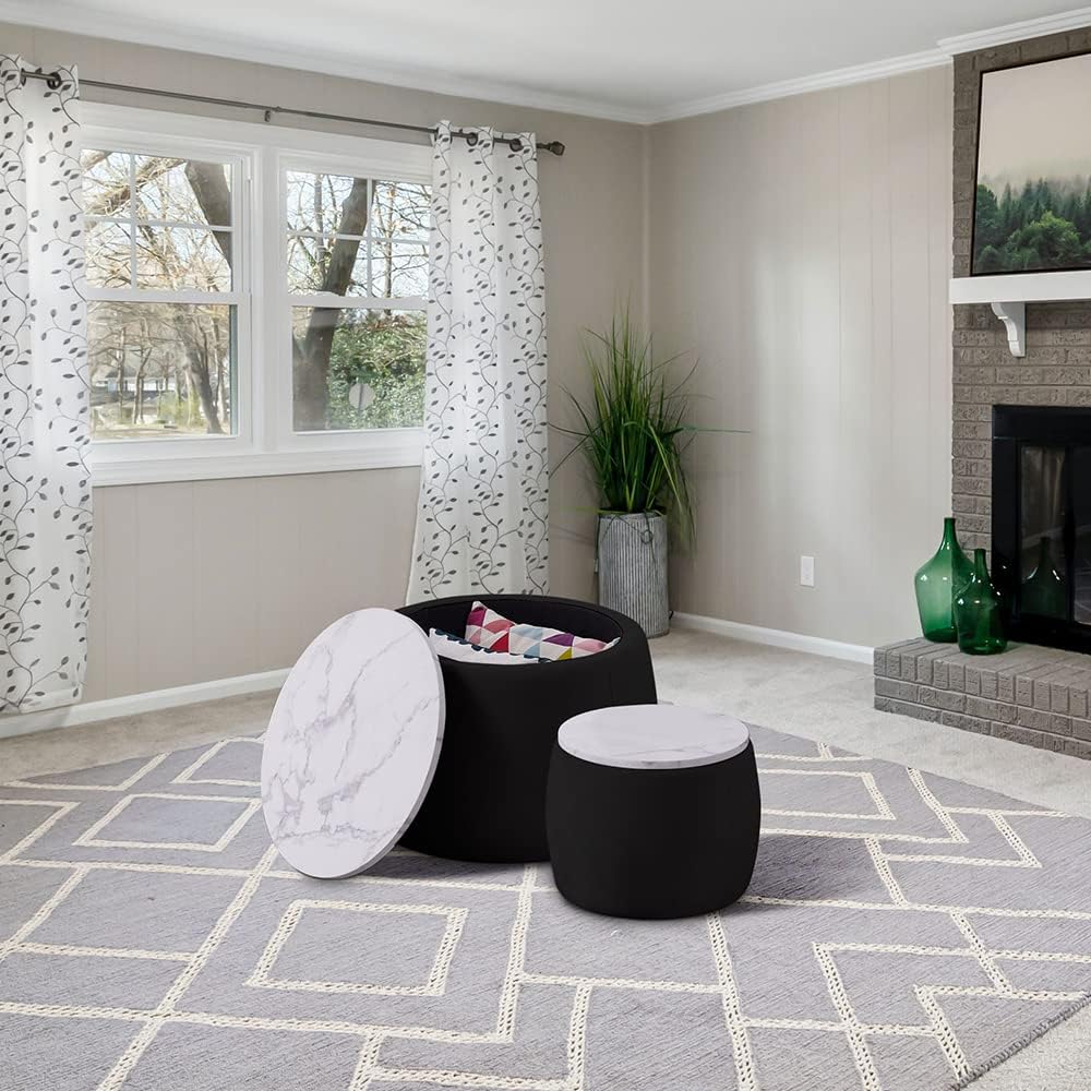kevinplus Black Round Coffee Table Set of 2 Nesting Storage Ottoman for Living Room
