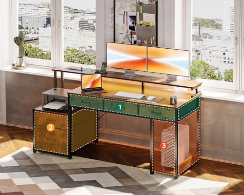 AODK 55 Inch Computer Desk with 3 Drawers and File Cabinet for Storage, Office Desk with Monitor Stand and LED Lights, Home Office Desks, Black