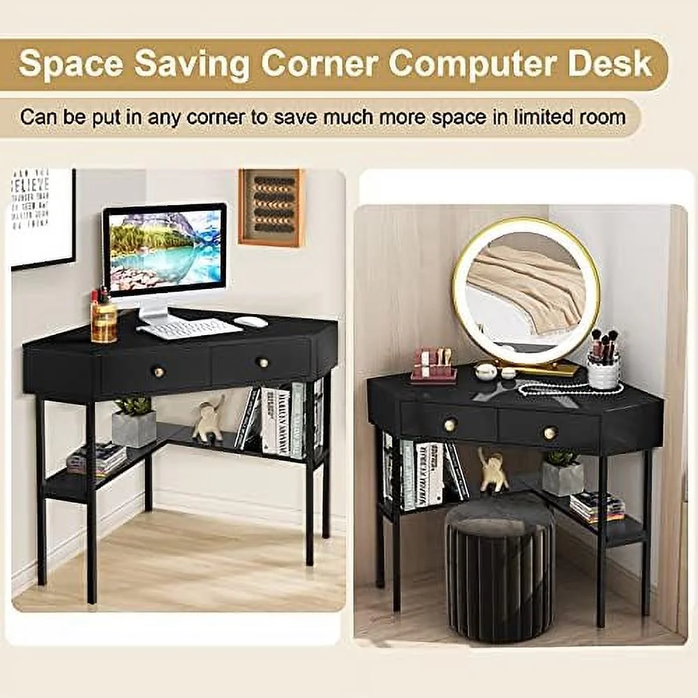 CHNJHUM Corner Desk with Drawers  90 Degrees Triangle Desk w/ Shelves and Metal Frame  Corner Writing Desk  Corner  Vanity Table  Small Corner Desks