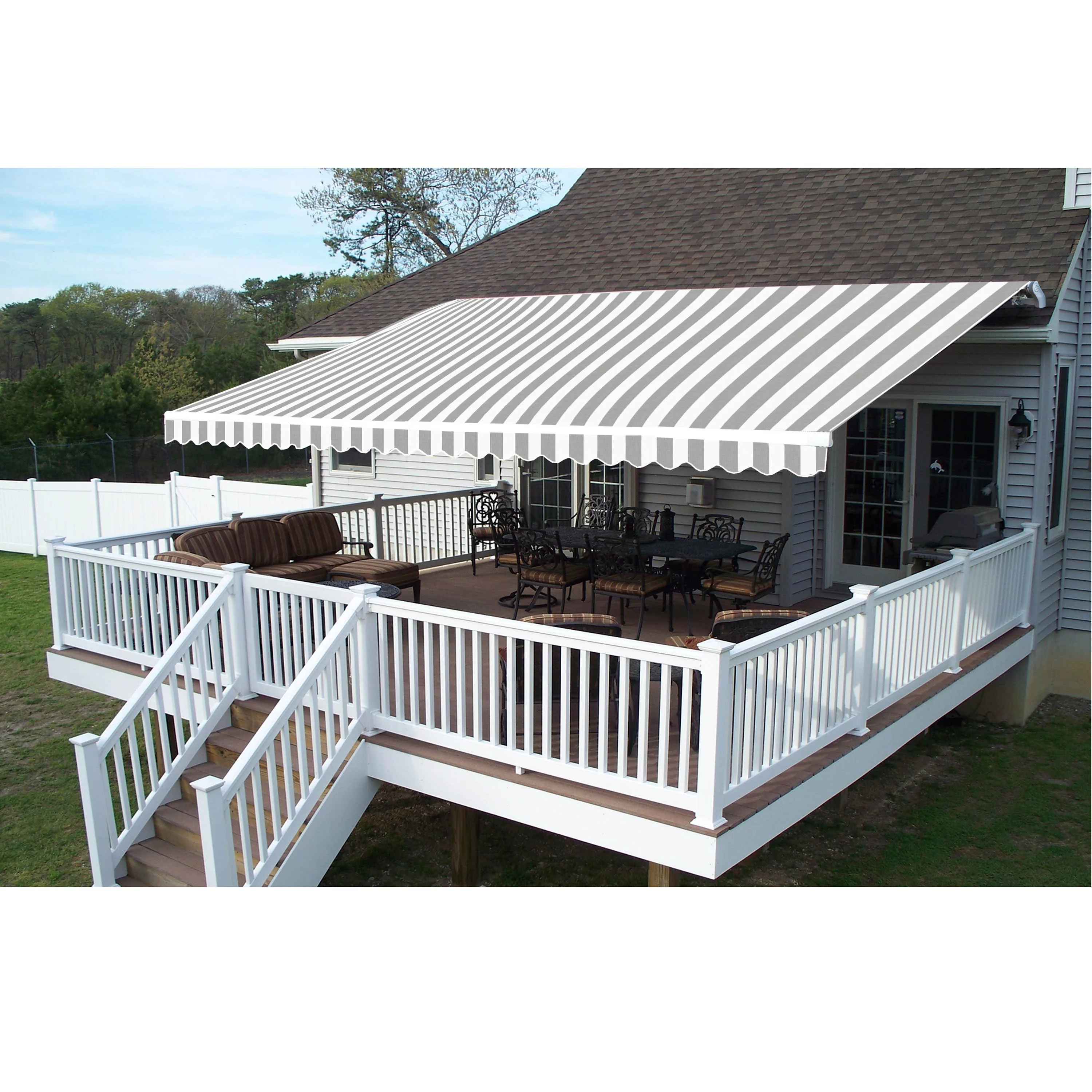 ALEKO 20' x 10' Retractable Motorized Patio Awning, Gray and White Striped Color