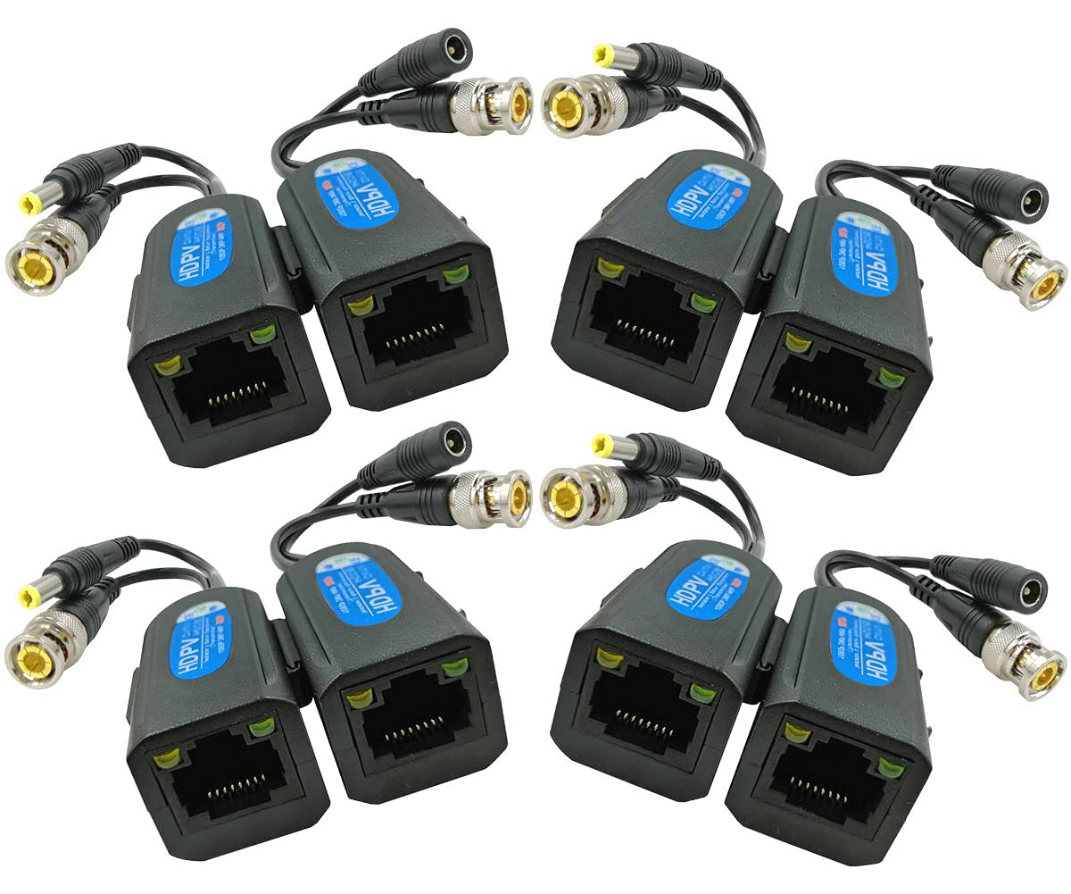 4 Pair Passive Video Balun BNC to RJ45 Adapter with Power 1080P-8MP Analog Camera Network Transceiver Cat5e/Cat6 to BNC Connector - Compact