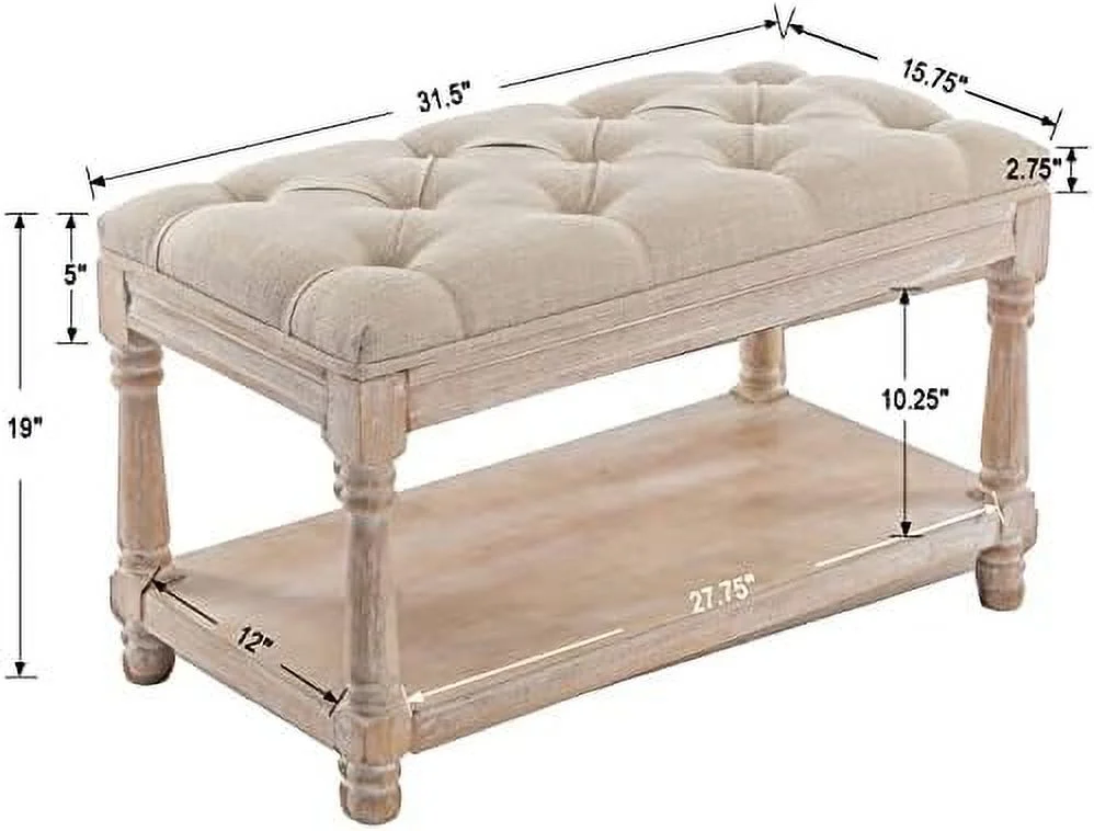 Entryway Bench Tufted Shoe Rack Bench Black Wood Window Bench for Hallway Entrance Bedroom Corner  Beige