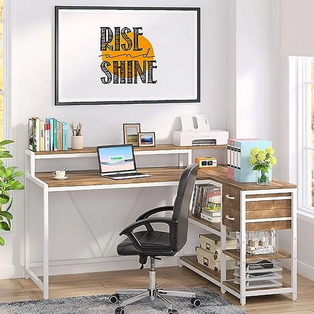 Reversible L Shaped Desk with Drawer  Industrial Corner Desk  Office Table with  Shelves and Monitor Stand  Rustic Wooden and Metal PC Desk for Small
