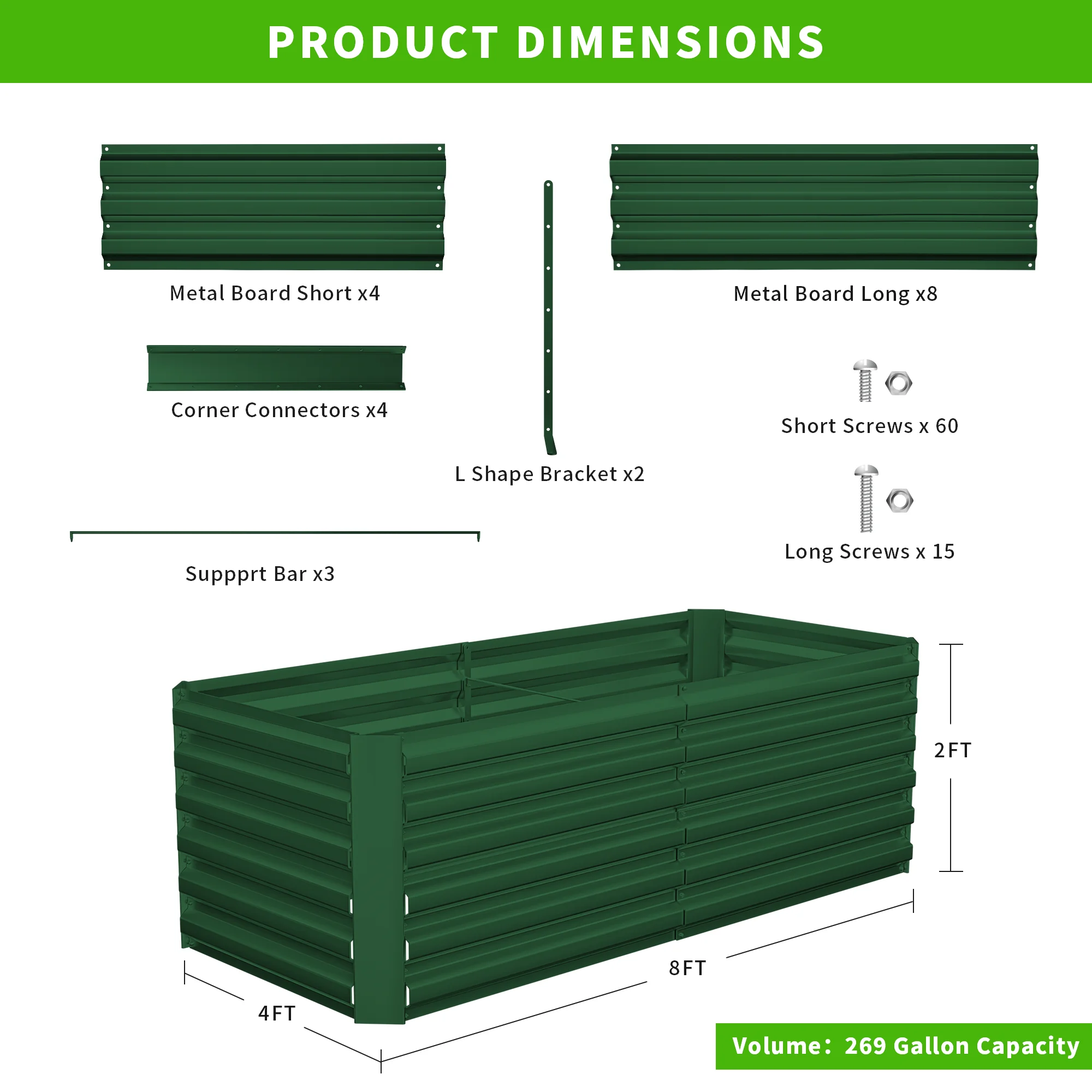 Outdoor Metal Raised Garden Bed,8x4x2ft Planter Box for Vegetables,Flowers,Herbs w/478 Gallon Capacity, Green - Curated Treasures Market