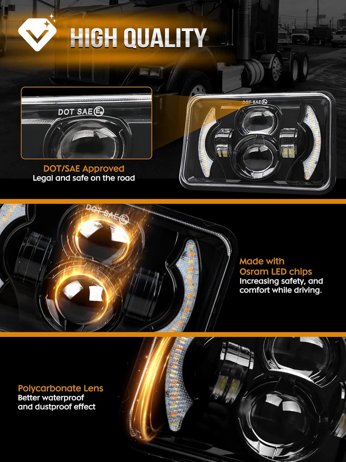 CO LIGHT 4x6 Headlights Led Sealed Beam Headlight Conversion White&Amber DRL H4651 H4652 H4656 H4666 Chrome Crystal Square Sealed beam Headlights Car