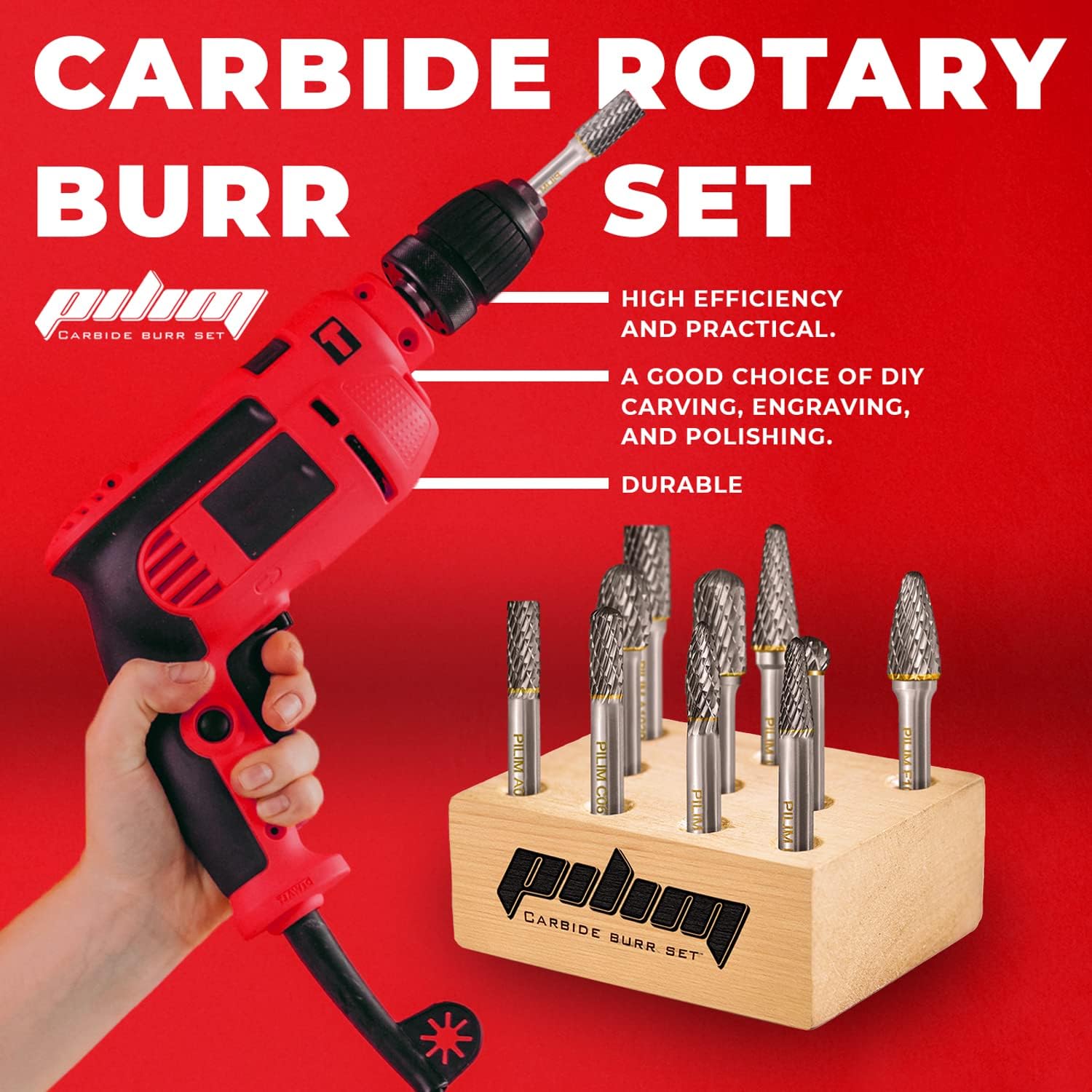 Tungsten Carbide Burr Set 1/4" Shank 10PC Double Cut Rotary Cutting Burrs Die Grinder Bits for Steel and Wood Working, Grinding, Carving