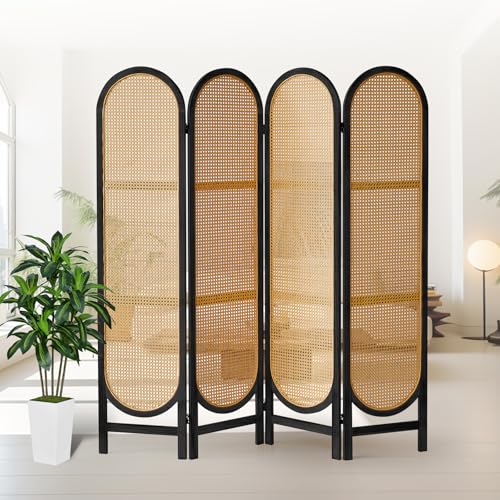 4 Panels Room Divider Wall, Foldable Wooden Room Divider, Individual Privacy Screen Made of Hand-Woven Rattan