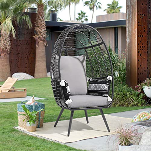JOIVI Wicker Egg Chair, Oversized Indoor Outdoor Lounger Large Egg Basket Chair with Stand and Cushions for Patio Porch, Backyard, Living Room