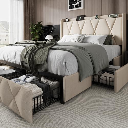 Queen Bed Frame with 4 Storage Drawers and Charging Station, Upholstered Platform Bed Frame with Storage Headboard, No Box Spring Needed