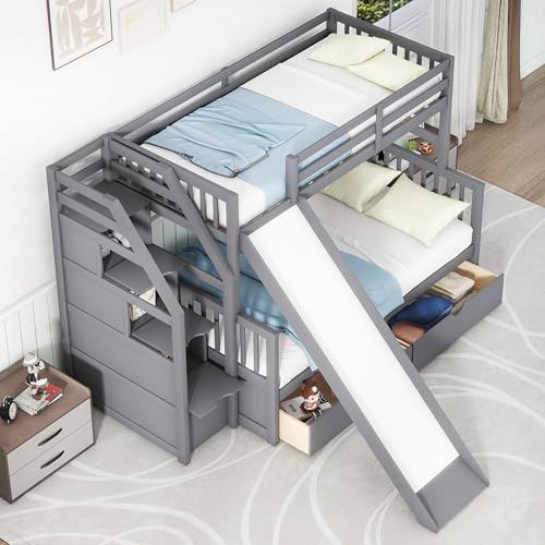Harper & Bright Designs Bunk Beds Twin Over Full Size, Bunk Bed with Trundle,Storage Shelf and Stairway