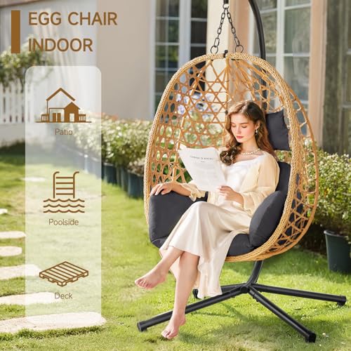Egg Chair with Stand, Wicker Rattan Swing Hammock Chair with Fine Lace & Cushion, Hanging Chair with Double Chains