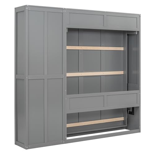 Harper & Bright Designs Full Size Murphy Bed Wall Bed with Storage Shelves, Drawers and LED Lights
