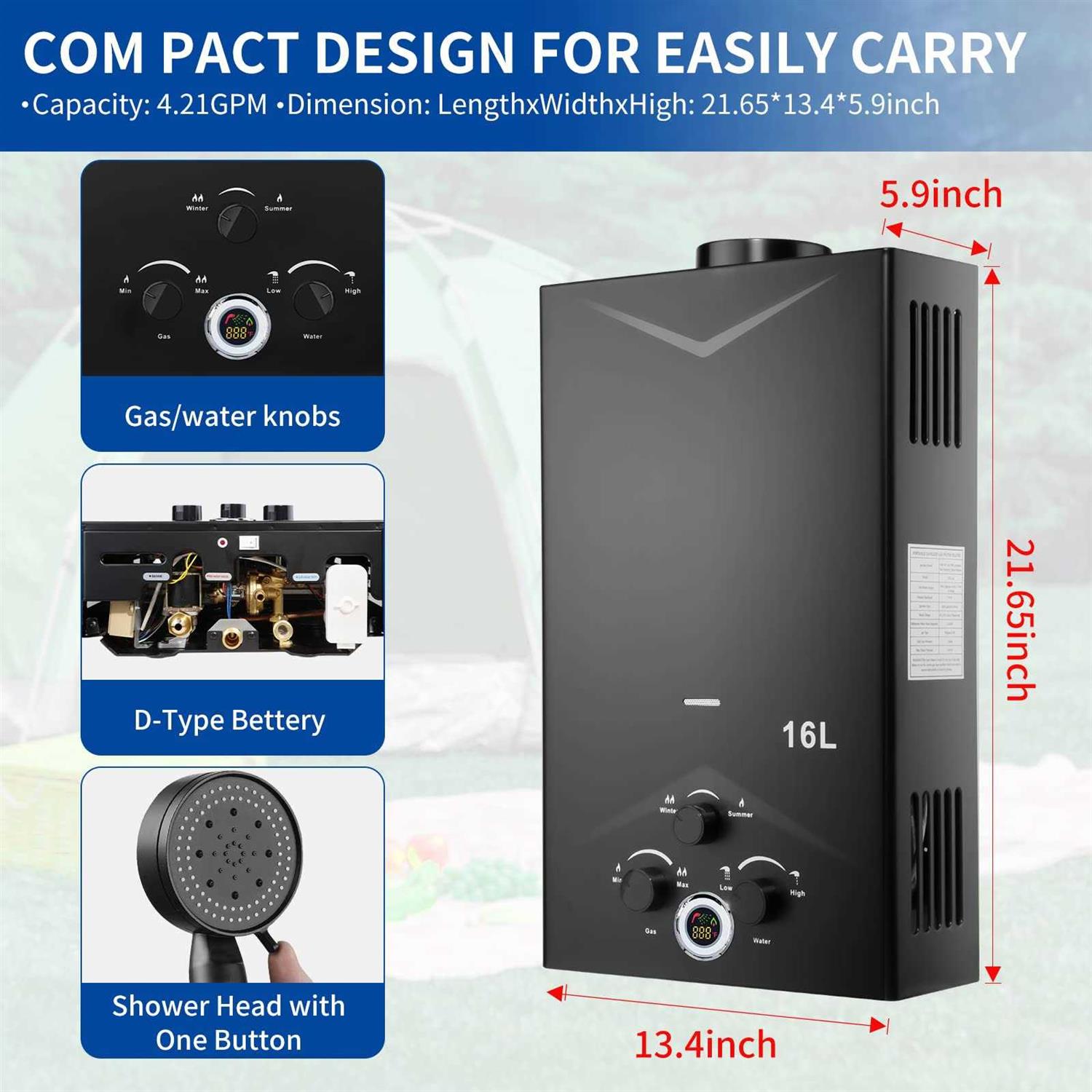 Tankless Water Heater 4.21GPM 16L Outdoor Portable GasHot Water Heater Instant Propane Water Heater with Digital Display Multi-Protection