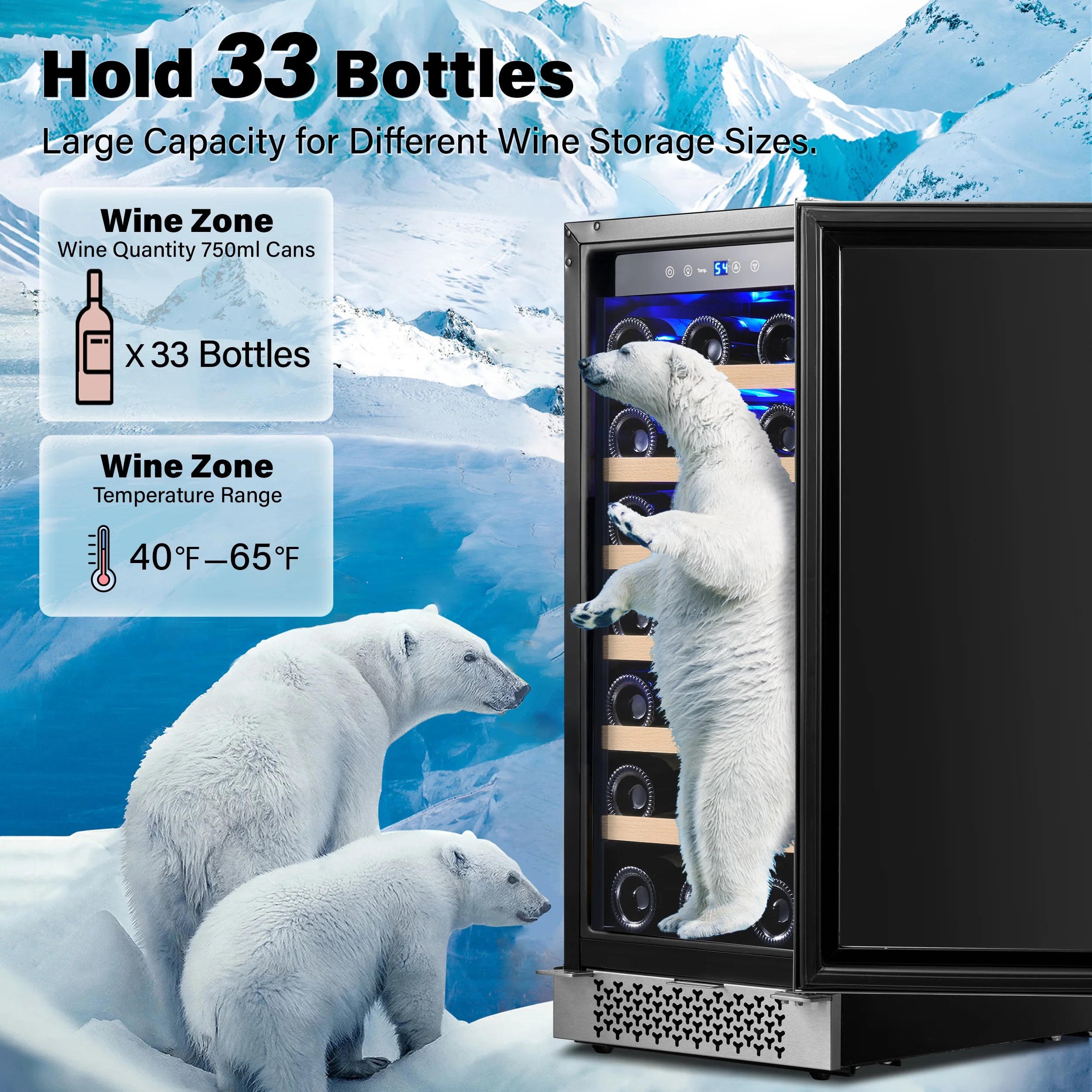 Yeego 15" Wine Refrigerator, 33 Bottle Wine Cooler with Double-Layer Glass Door, Temperature Memory and Digital Temperature Control