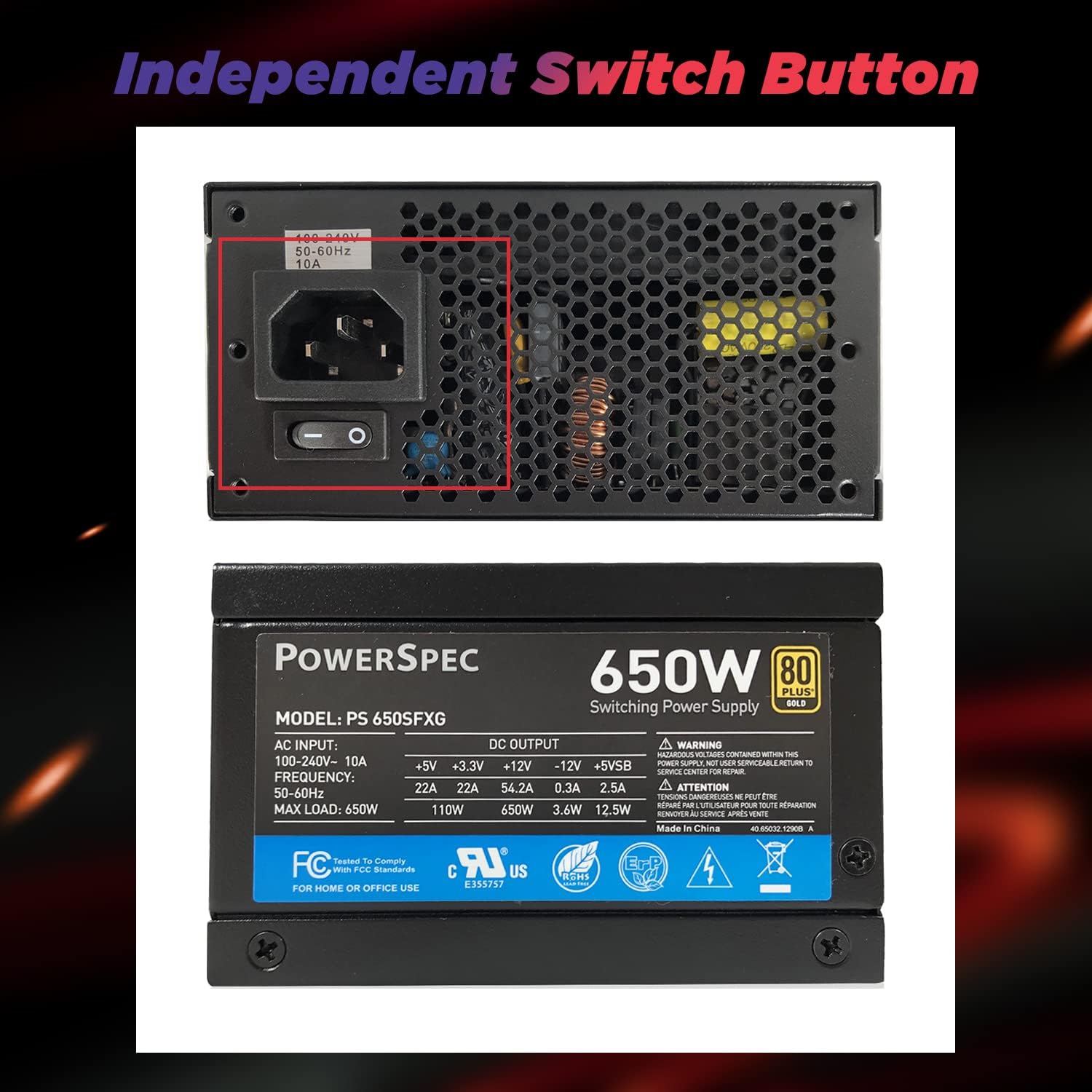 PowerSpec 650W Power Supply 80 Plus Bronze Certified Fixed Cable Non-Modular ATX PSU Active PFC SLI Crossfire Ready Gaming PC Computer Switching