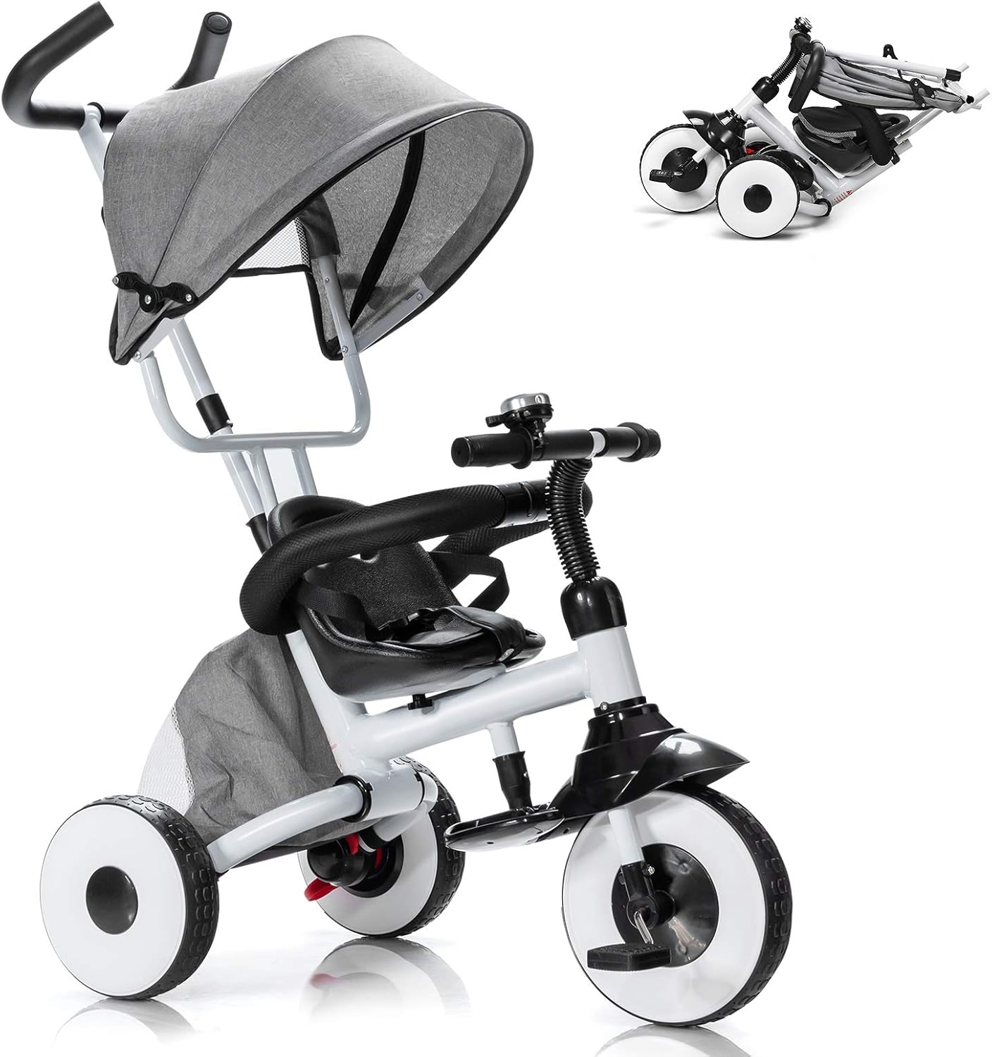 Baby Joy Tricycle for Toddlers, Folding Trike w/Adjustable Parent Handle, Canopy, Storage Bag, Safety Harness & Wheel Brakes