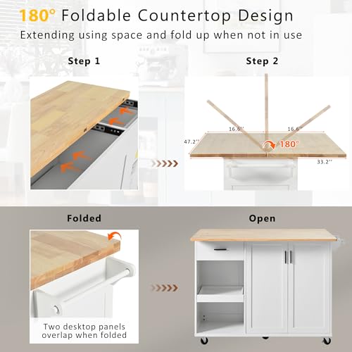 55.7'' Large Kitchen Island with 2 Drop Leaf, Rolling Kitchen Cart on 5 Wheels with Power Outlet